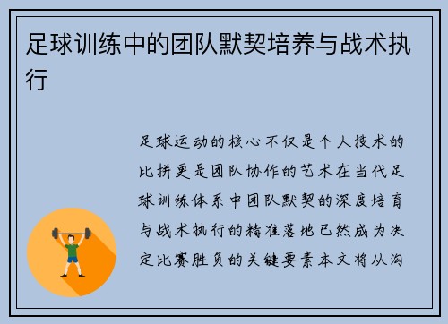 足球训练中的团队默契培养与战术执行