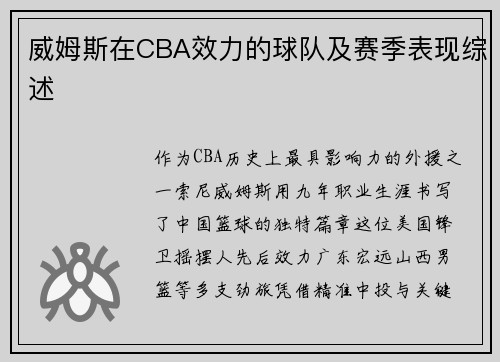 威姆斯在CBA效力的球队及赛季表现综述