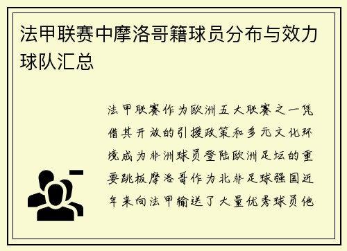 法甲联赛中摩洛哥籍球员分布与效力球队汇总